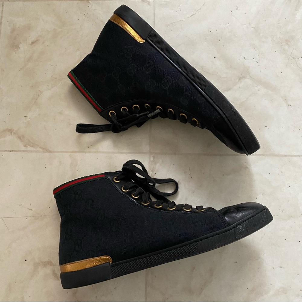 $985 Gucci Made in Italy GG Monogram Black Leather Canvas High Top Sneakers 5.5 - Picture 2 of 13